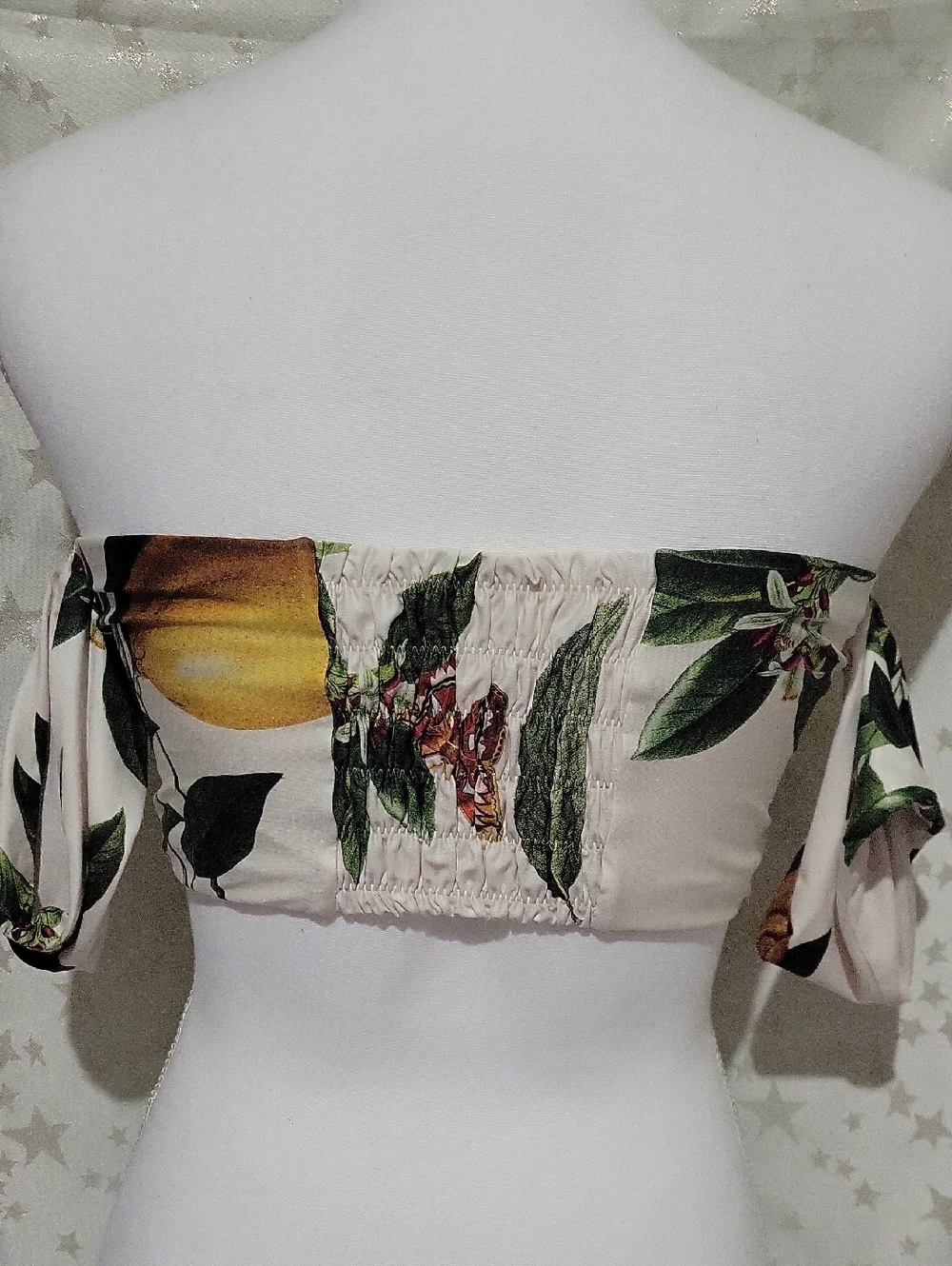 Agua Bendita Cream Bikini Top with Green Leaf & Butterfly Print